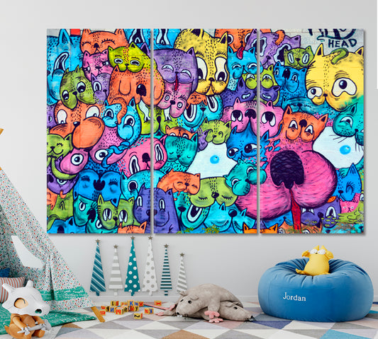 MONTREAL CANADA Street Art Montreal Cats Vibrant Graffiti Canvas Print Abstract Art Print Artesty 3 panels 36" x 24"