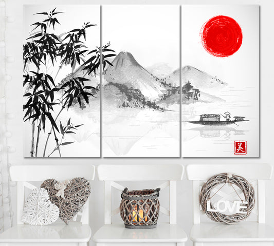 ZEN Traditional Oriental Sumi-e Asian Style Canvas Print Wall Art Artesty 3 panels 36" x 24"