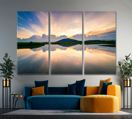WATER REFLECTION Lake Landscape Beautiful Sunset Sky Nature Wall Canvas Print Artesty 3 panels 36" x 24"