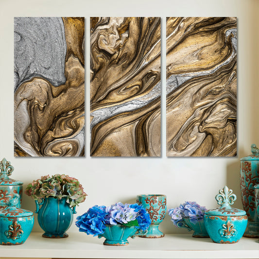 Ancient Oriental Abstract Marble Golden Ripple Effect Fluid Art Brown Grey Fluid Art, Oriental Marbling Canvas Print Artesty