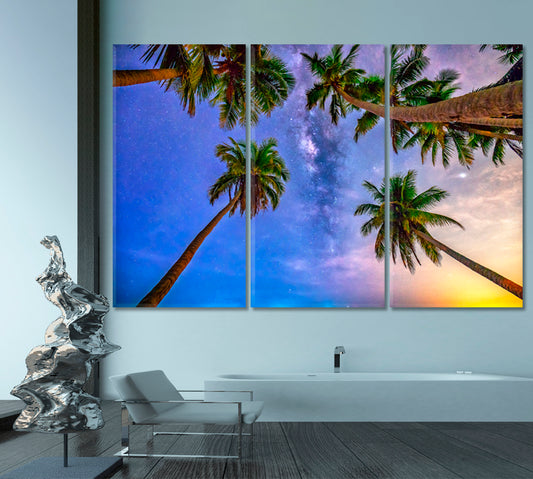 Coconut Palms Trees Milky Way Sky on a beautiful Summer Night Landscape Tropical, Exotic Art Print Artesty