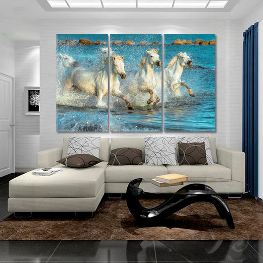 NEPTUNE'S HORSES White Galloping Horses Beach Provence Animals Canvas Print Artesty
