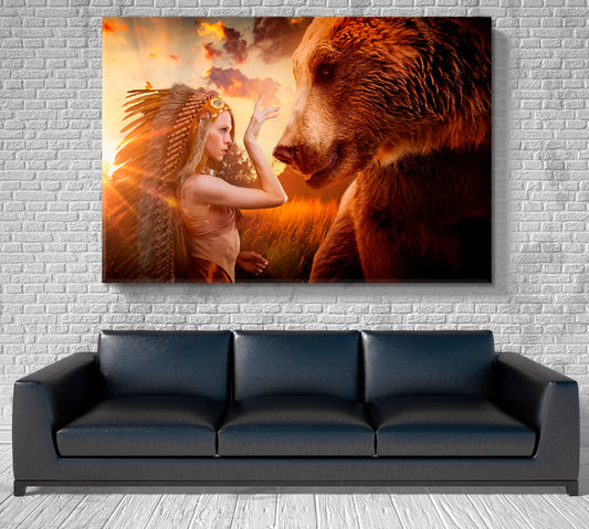 Aztec Woman And Bear, Peace and Balance with Nature Photo Art Artesty 1 panel 24" x 16"