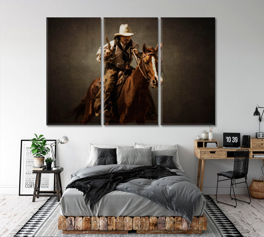 WILD WEST Vintage Western Cowboy Riding Horse with Gun Retro Vintage Affordable Canvas Print Artesty 3 panels 36" x 24"