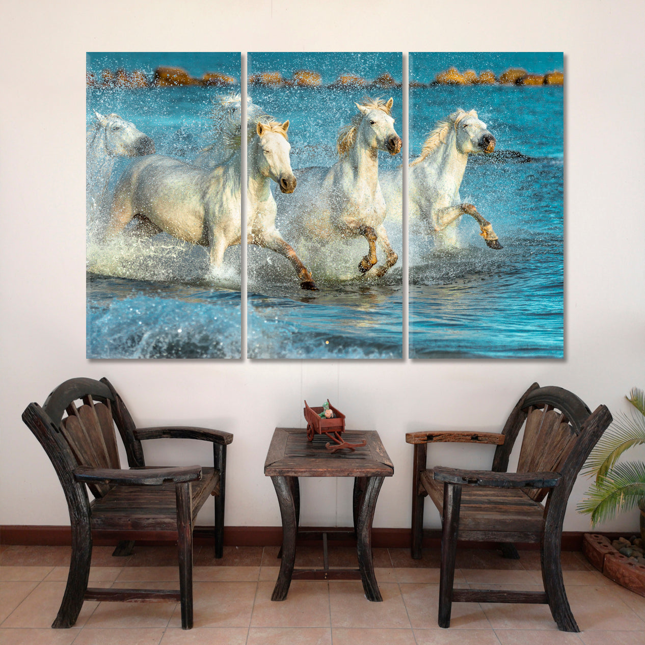 NEPTUNE'S HORSES White Galloping Horses Beach Provence Animals Canvas Print Artesty
