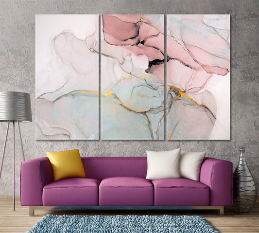 Tender Translucent Lilac Green Ink Fluid Art Fluid Art, Oriental Marbling Canvas Print Artesty 3 panels 36" x 24"