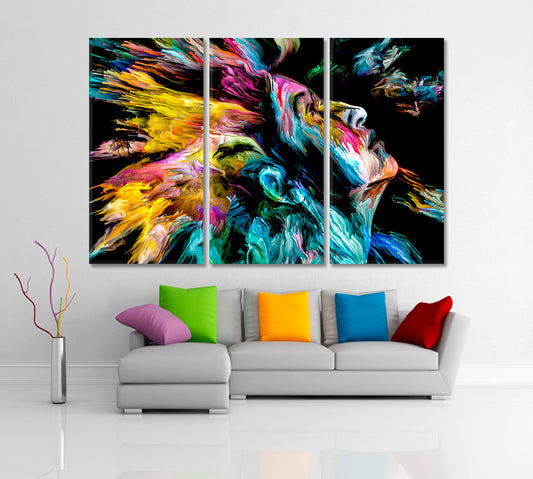 WOMAN AND COLORS EXPLOSION Abstract Modern Art Portrait Contemporary Art Artesty 3 panels 36" x 24"