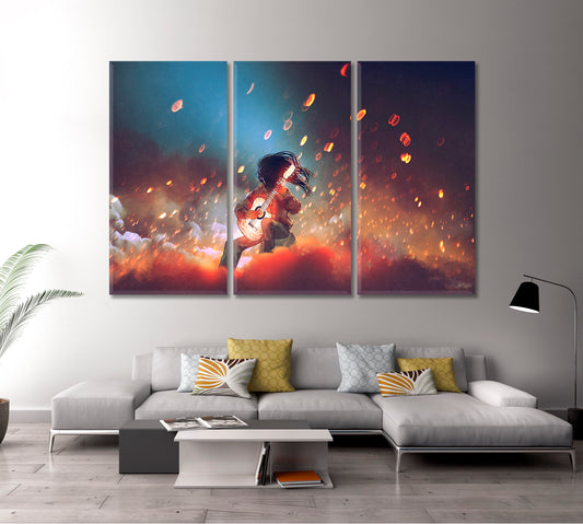 SURREAL Mysterious Man Playing the Glowing Guitar in the Smoke Surreal Fantasy Large Art Print Décor Artesty 3 panels 36" x 24"