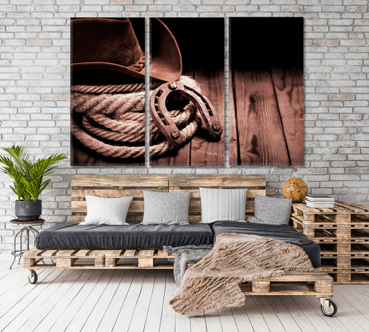WILD WEST Retro Old Horseshoe Lariat Lasso Cowboy Rodeo Hat Vintage Affordable Canvas Print Artesty 3 panels 36" x 24"