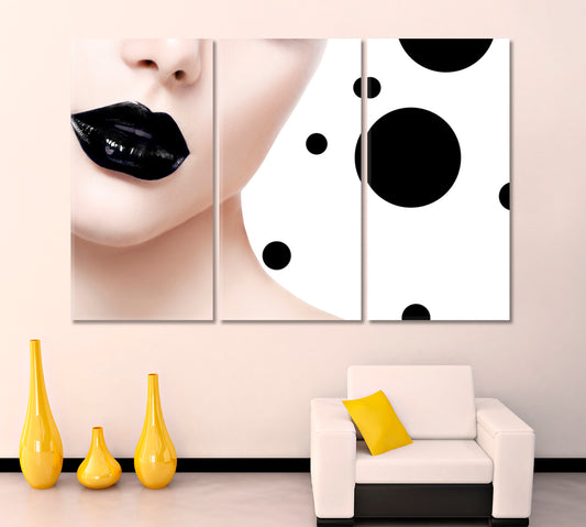 BEAUTY CONCEPT Model Girl Fashion Trendy Black Lips Abstract Art Beauty Salon Artwork Prints Artesty 3 panels 36" x 24"