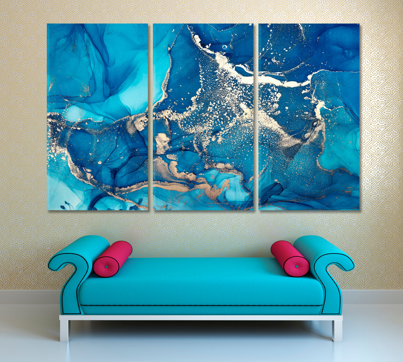 Modern Fluid Art Marble Alcohol Ink Sky Blue Art Design Fluid Art, Oriental Marbling Canvas Print Artesty