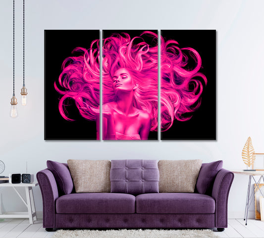Pink Fluttering Hair Beautiful Woman Hairstyle Beauty Salon Concept Beauty Salon Artwork Prints Artesty 3 panels 36" x 24"
