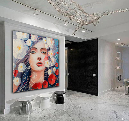 Woman and Flowers Portret - Square Panel Fine Art Artesty