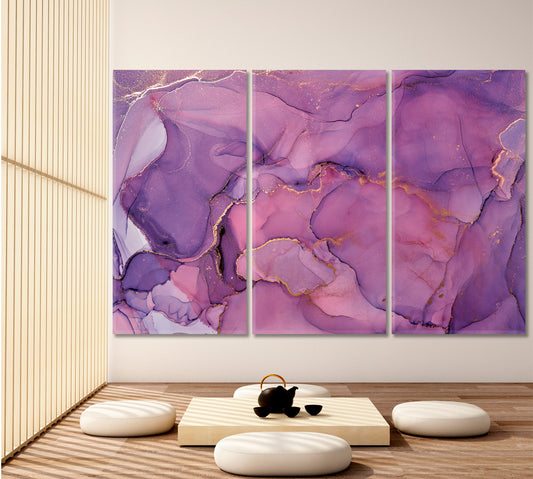 PURPLE Modern Marble Alcohol Ink Pattern Violet Swirls Fluid Art, Oriental Marbling Canvas Print Artesty 3 panels 36" x 24"