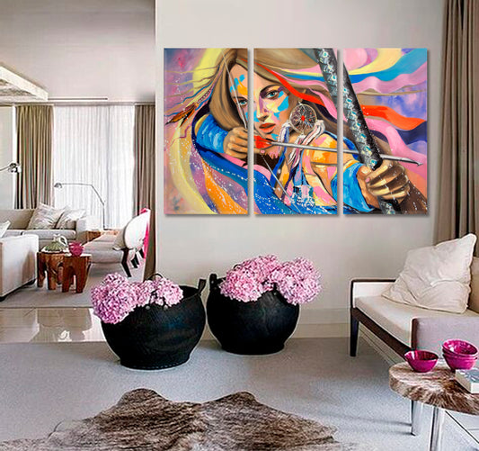 DREAM CATCHER An Archer Beautiful Woman Fantasy Girl Fine Art Artesty 3 panels 36" x 24"