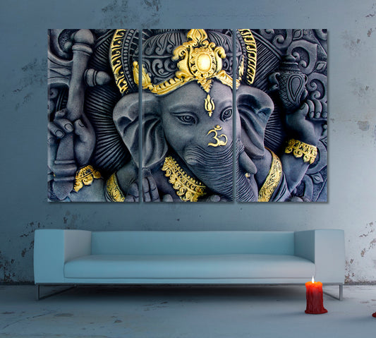 Lord Ganesha Statue God of Success India Religious Modern Art Artesty 3 panels 36" x 24"