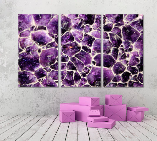 Natural Purple Amethyst Crystals Stunning Beautiful Rock Abstract Art Print Artesty 3 panels 36" x 24"