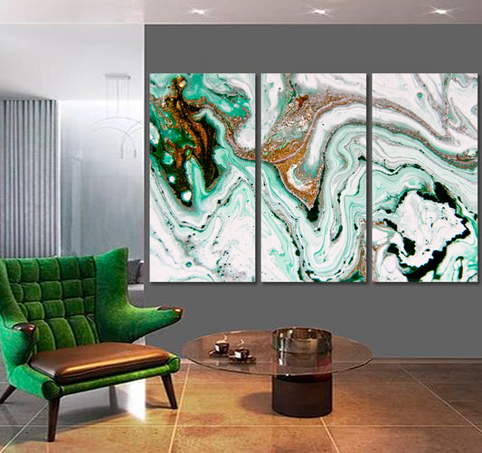 Contemporary Art Beautiful Abstract Emerald Marble Fluid Art, Oriental Marbling Canvas Print Artesty 3 panels 36" x 24"