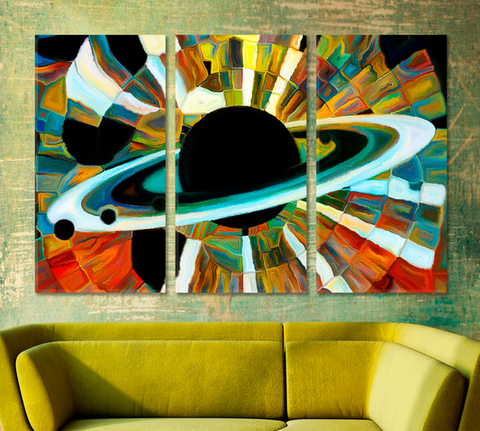 Vision of Cosmos in Colors And Paints. Planet Multicolored Mosaic Pattern Celestial Home Canvas Décor Artesty 3 panels 36" x 24"