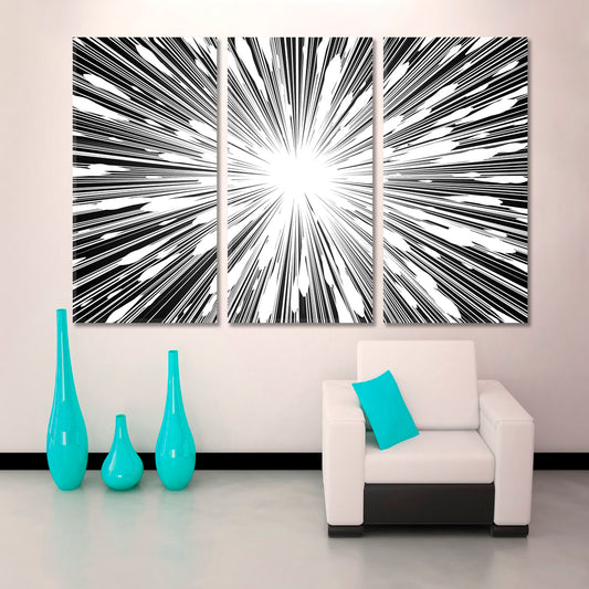 LIGHT RAYS Abstract Black and White Radial Lines Explosion Sun Ray Starburst Canvas Print Abstract Art Print Artesty 3 panels 36" x 24"