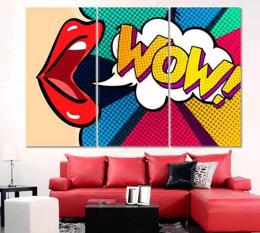 WOW Open Mouth Comic Retro Pop Art Style Pop Art Canvas Print Artesty 3 panels 36" x 24"