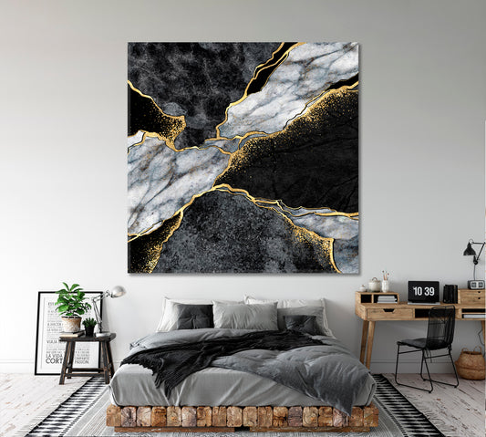 Beautiful Black Gtey & Gold Marble Canvas Print - Square Fluid Art, Oriental Marbling Canvas Print Artesty