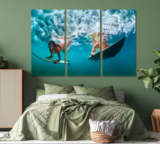 WATER SPORT Surfer Ocean Sea Big Wave Extreme Surfing Dive Nautical, Sea Life Pattern Art Artesty 3 panels 36" x 24"