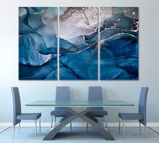 Dark Blue Alcohol Ink Clouds And Veins Modern Marble Fluid Art Fluid Art, Oriental Marbling Canvas Print Artesty 3 panels 36" x 24"