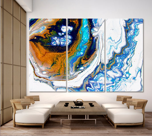 Abstract Gold Dark Blue Mixed Acrylic Marble Contemporary Fluid Art, Oriental Marbling Canvas Print Artesty 3 panels 36" x 24"