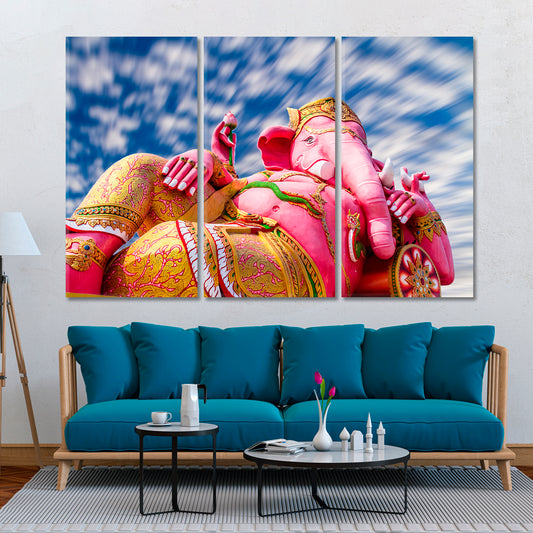 Pink Ganesha Statue Wat Samarn Chachoengsao Thailand Religious Modern Art Artesty 3 panels 36" x 24"