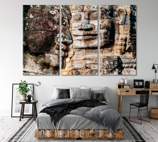 CAMBODIA STONE FACES Asia Ancient Bayon Tample Popular Tourist Attraction Canvas Print Religious Modern Art Artesty 3 panels 36" x 24"