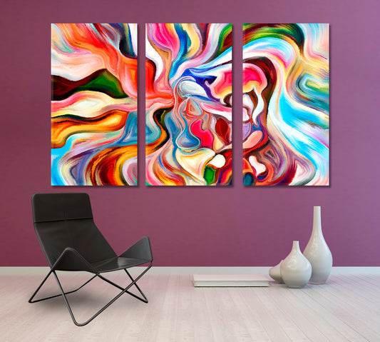 Borderlines of Colors Abstract Design, Colorful Human and Geometric Forms, Philosophy Creativity and Imagination Abstract Art Print Artesty 3 panels 36" x 24"