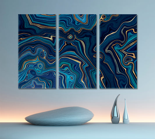 Blue Agate Golden Glitter Effect Fake Marble Stone Artistic Pattern Fluid Art, Oriental Marbling Canvas Print Artesty 3 panels 36" x 24"