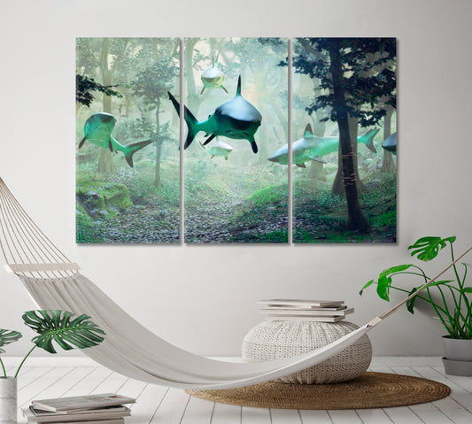 Fantasy Landscape Sharks Swimming in Forest Surreal Fantasy Large Art Print Décor Artesty 3 panels 36" x 24"