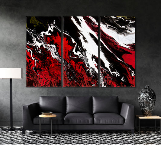 Black, White Red Abstract Contemporary Fluid Art Pattern Giclée Print Fluid Art, Oriental Marbling Canvas Print Artesty 3 panels 36" x 24"