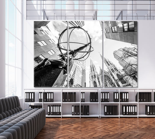 ATLAS GOD Wealth Symbol Titan Statue Rockefeller Center New York City Cities Wall Art Artesty 3 panels 36" x 24"
