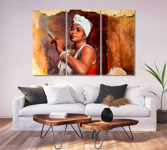 Havana Streets | Cuban Indigenous Woman Smoking Cigar Canvas Print Fine Art Artesty 3 panels 36" x 24"