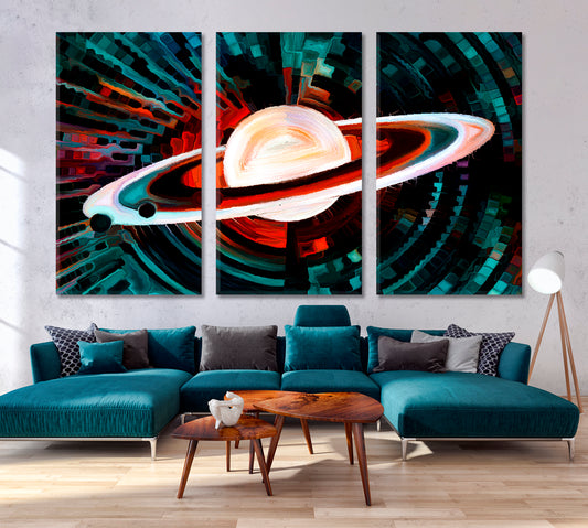 Cosmic Wonderland Planet Disk Multicolored Mosaic Pattern Celestial Home Canvas Décor Artesty 3 panels 36" x 24"