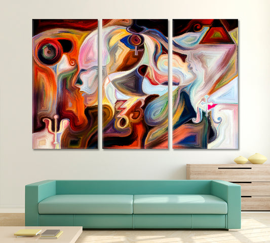 Inner Colors. Human Profile And Colorful Vivid Paint Shapes Abstract Design Contemporary Art Artesty 3 panels 36" x 24"