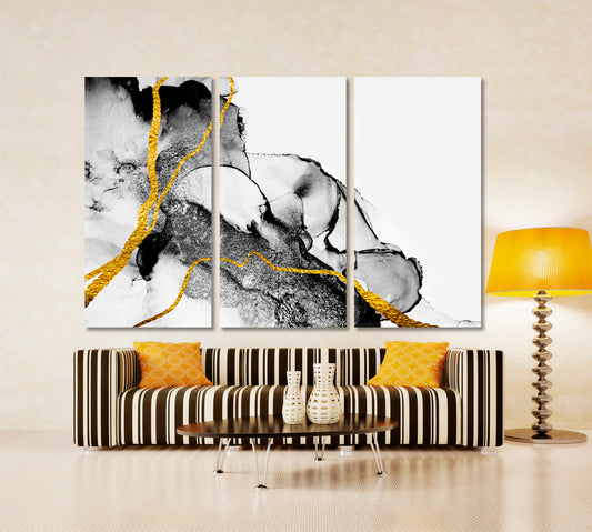 ART & INK Splash Transparent Creativity Black White Gold Marble Fluid Art, Oriental Marbling Canvas Print Artesty 3 panels 36" x 24"