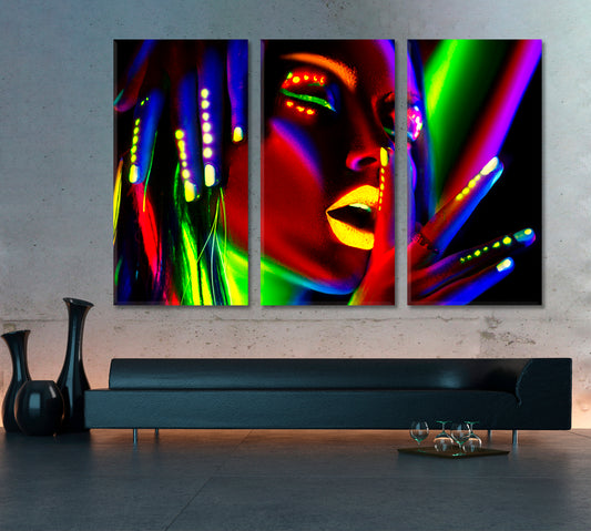 Fashion Beautiful Model Woman Neon Light Body Art Design Fashion Canvas Print Artesty 3 panels 36" x 24"