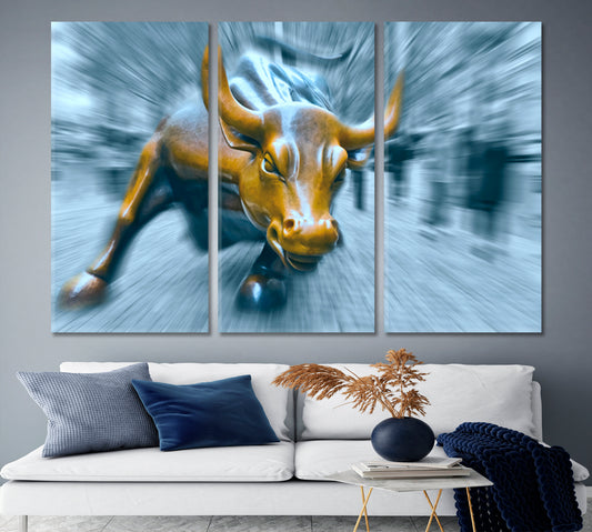 Charging Bull Blue Office Wall Art Canvas Print Artesty 3 panels 36" x 24"