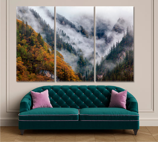Mountains In The Mist Jiuzhaigou Valley Scenery Landscape Fine Art Print Artesty 3 panels 36" x 24"