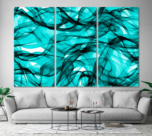 Fantasy Chaotic Fractal Pattern Abstract Shapes Curly Lines Waves Fluid Art, Oriental Marbling Canvas Print Artesty 3 panels 36" x 24"