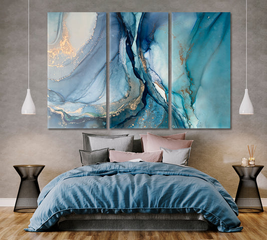 ABSTRACT Blue Ink Landscape Marble Veins Fluid Art, Oriental Marbling Canvas Print Artesty 3 panels 36" x 24"