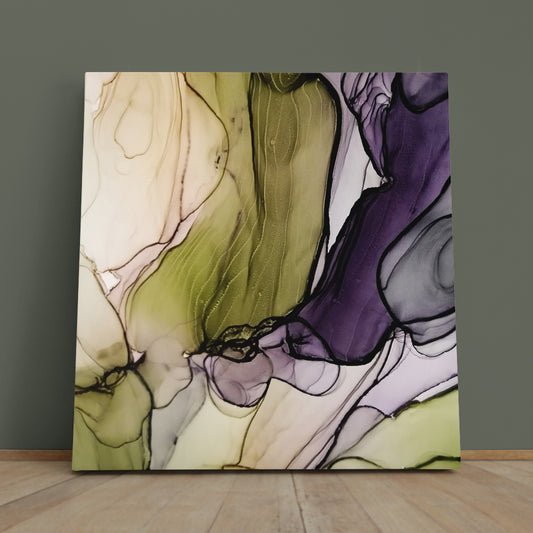MARBLE Alcohol Ink Mix Purple Olive Green Fluid Art, Oriental Marbling Canvas Print Artesty