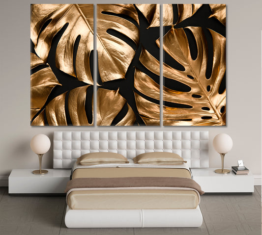 Golden And Black Tropical Leaves Trendy Luxury Floral Design Pattern Tropical, Exotic Art Print Artesty 3 panels 36" x 24"