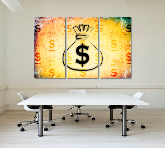 DOLLAR ICON Money Bag Business Fortune Business Concept Wall Art Artesty 3 panels 36" x 24"