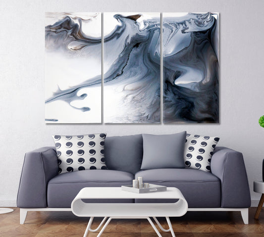Abstract Gray Flow Clouds Painting Fluid Art, Oriental Marbling Canvas Print Artesty 3 panels 36" x 24"