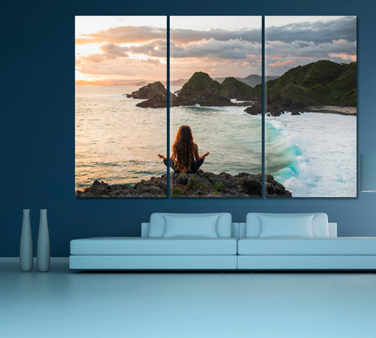 ASANA Woman and Ocean Wave Tropical Island Spiritual Spa, Zen Wall Canvas Art Artesty 3 panels 36" x 24"